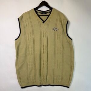 Vintage FUBU Sport Sweater Vest Tan Navy Blue Cable Knit V-Neck XXL 90s Hip Hop